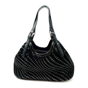 Cole Haan Genevieve Weave Large Triangle Tote Black Suede & Patent Leather EUC